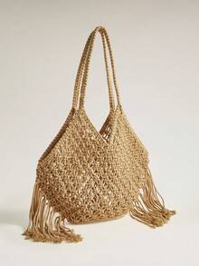 Wovira 1 Piece Retro Tassel Hand-Woven Tote Bag, Urban Fashion Old Money Wind Hollow Cotton Rope Mesh Bag, Shoulder Bag, Large Capacity Suitable For Daily - coffee color - View 2