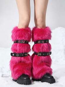 ROMWE Goth 1對 Fluffy Babes 可愛甜美酷感時尚加厚腿套，附2個腿環，辣妹組合套裝，保暖女士腿套 - 玫紅色 - 查看 3