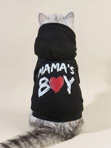 PETSIN 1件裝 MAMA BOY 紅色愛心字母印花寵物連帽衛衣，黑色，柔軟舒適保暖寵物衣 - 彩色 - 查看 5