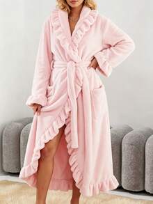 Cirelle Women's Plush Ruffle Trim Fleece Bathrobe, Soft Warm Long Plush Robe With Belt, Elegant Light Pink Loungewear - Multicolor - View 11