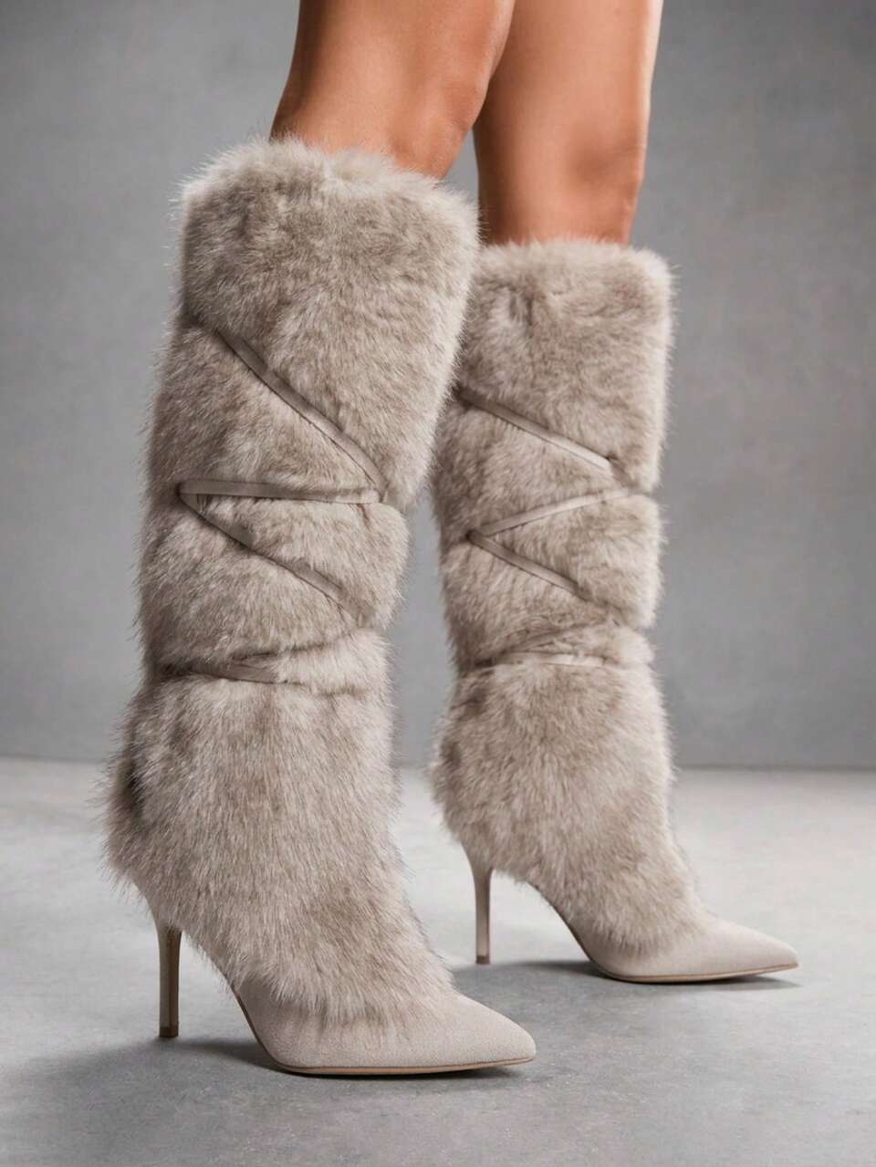 CUCCOO SZL Women Shoes Pointed High Heel Beige Hairy Face Strap High Boots Fashion Gorgeous Sexy Nightclub Party Boots Fur Boots Women's Knee Boots High Boots