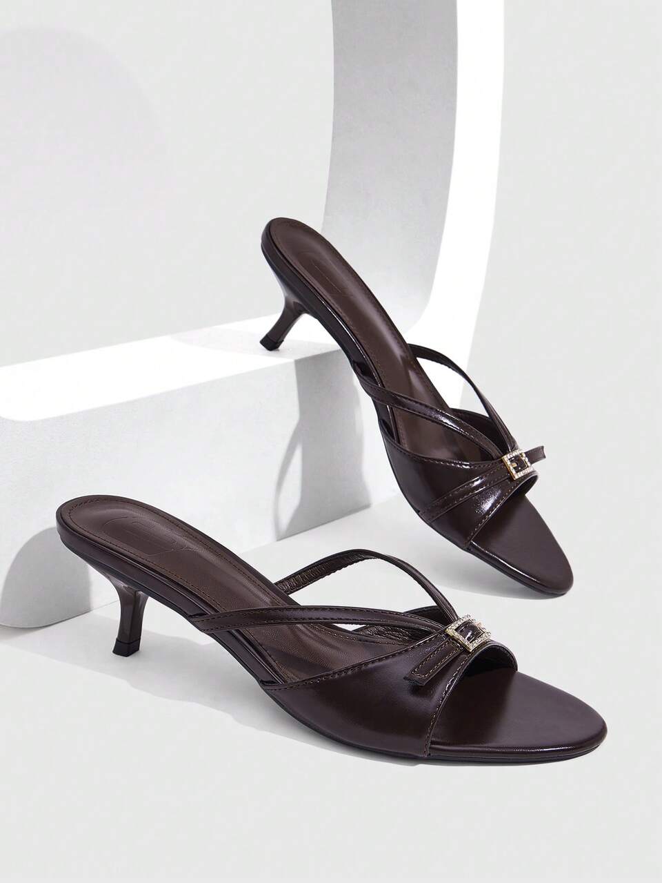 CUCCOO SZL Women's High Heels Dark Brown High Heels Sandals Kitten Heel Rhinestone Square Buckle Comfortable Versatile Daily Commuter Vacation Party Women's High