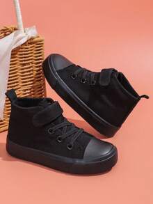 SHEIN Spring And Autumn Breathable And Comfortable Children's Canvas Shoes Solid Color Comfortable Casual Boys And Girls Student Shoes Middle Help Daily Wea - Black - View 3