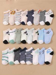 SHEIN Random 24/12/5 Pairs Baby Boys Socks 0-3T Cute Dinosaur Striped Pattern Soft Breathable Infant Toddler Ankle Socks Daily Wear Multipack Assorted Set - Multicolor - View 1