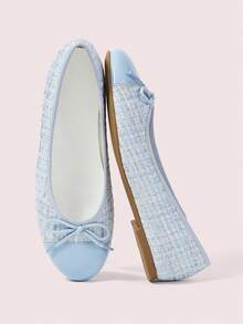 CUCCOO DOLLMOD Women's French Tweed Color Matching Ballet Flats, Bow Decorative Round Toe Cover Wearing Soft-Soled Casual Shoes, Color Matching Design, Commuting - Light blue - View 1