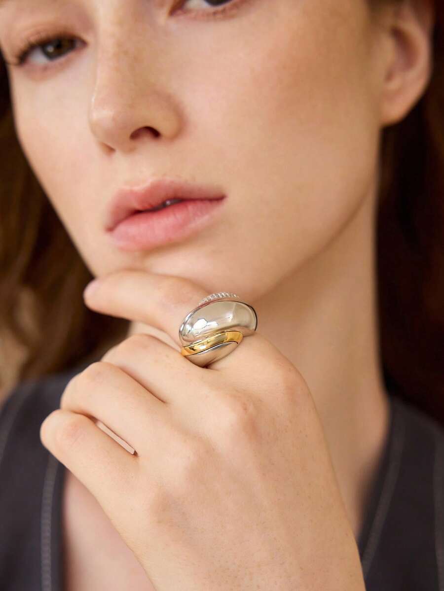 MOTF PREMIUM New Gold And Silver Color Matching Diamond Setting Light Luxury Niche Design High-End Retro Round Arch Ring - Silver - View 1