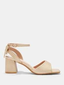 CUCCOO CURVES Women's Square Toe Buckle Design Daily Versatile Fashion Wide Last High Heels - Golden PU - View 2