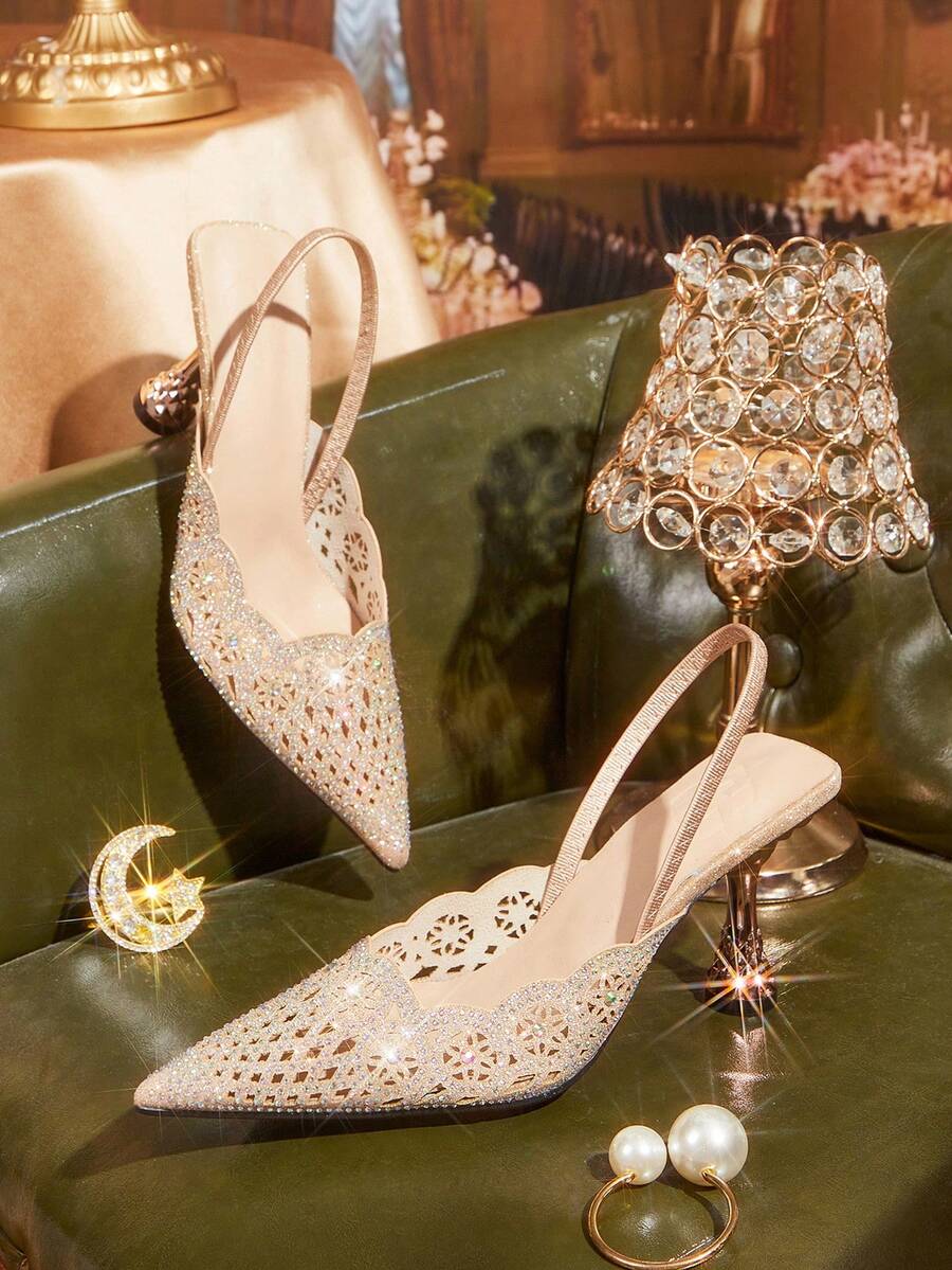 CUCCOO TILAWA Embroidery Champagne Sparkling Rhinestone Elegant Elegant Sexy Pointed Women's High Heels - Elastic Slip-On Exquisite Design - Champagne - View 1