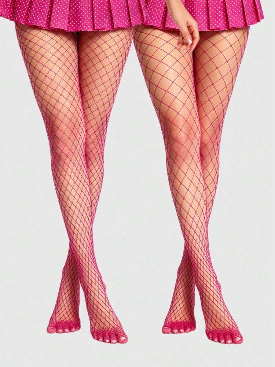 ROMWE Goth (2件組) 高彈性魚網女款褲襪/緊身褲/內搭褲/緊身褲 - 玫紅色 - 查看 1