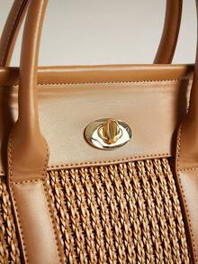 Wovira Ladies Handbag, Woven, Holiday Style, Old Money Style, Simple Urban Fashion, Suitable For Daily Commuting, Shopping, Vacation - Brown - View 4