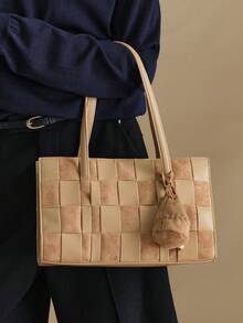 Wovira Women's Tote Bag, Hand-Woven, Velvet Fabric, Woven Bag, Retro Style, Old Money Style, Large Capacity, Suitable For Daily Commuting And Shopping - Apricot - View 2