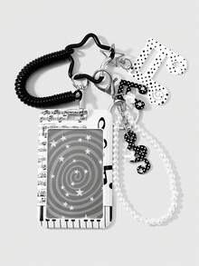 ROMWE Kawaii 1 Fashionable Retro Fashion Handmade Beaded Black And White Rhinestone Polka Dot Note Star Printing Card Cover DIY Keychain Bag Pendant - Black and white-215 - View 9