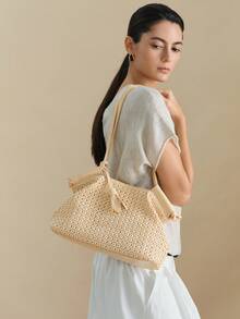 Wovira Ladies Tote Bag, Hand-Woven, Woven Bag, Retro Style, Old Money Style, Large Capacity, Suitable For Daily Commuting And Shopping - Apricot - View 8