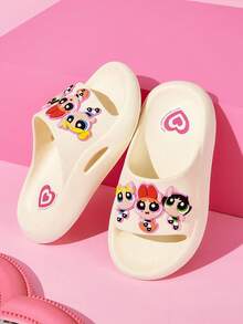 THE POWERPUFF GIRLS X SHEIN 可愛卡通兒童拖鞋，兒童快乾浴室拖鞋，輕量耐用EVA材質，適合室內外穿著 - 米色 - 查看 8