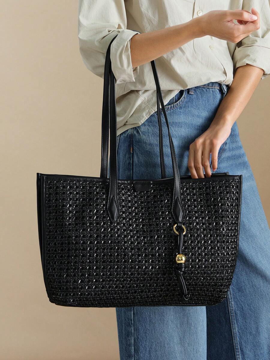 Wovira Women's Fashion Black Tote Bag, Delicately Woven Large-Capacity Shoulder Bag For Daily Use, Commuting, Vacation, Travel - Black - View 1