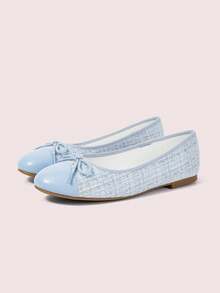 CUCCOO DOLLMOD Women's French Tweed Color Matching Ballet Flats, Bow Decorative Round Toe Cover Wearing Soft-Soled Casual Shoes, Color Matching Design, Commuting - Light blue - View 2