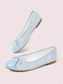 CUCCOO DOLLMOD Women's French Tweed Color Matching Ballet Flats, Bow Decorative Round Toe Cover Wearing Soft-Soled Casual Shoes, Color Matching Design, Commuting - Light blue - View 3