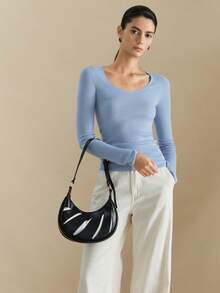 Wovira Women's Shoulder Bag, Crescent Bag, Geometric Line Design, Black And White Contrasting Colors, Hollow Design, Urban Fashion, Suitable For Daily Commut - Black and White - View 8