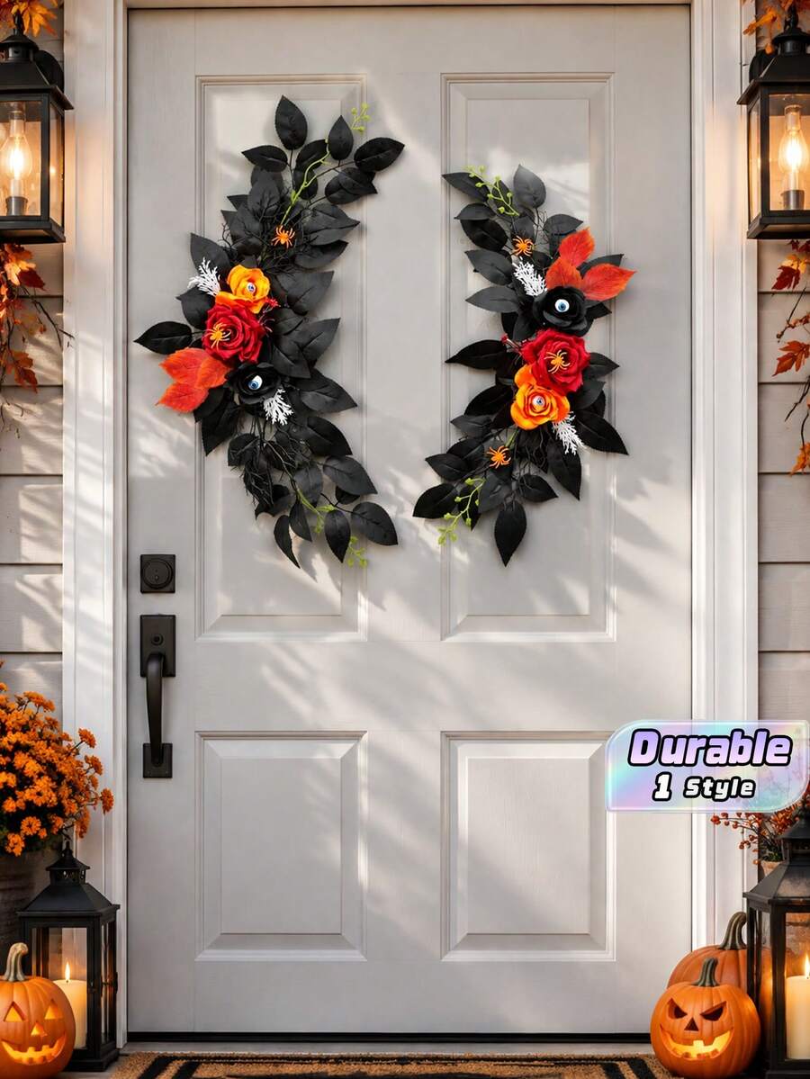 2Pcs Gothic Black Red Rose Flower Garland, Artificial Vine With Maple Leaf & Berry For Wedding Arch Halloween Home Wall Party Decor - Multicolor - View 1