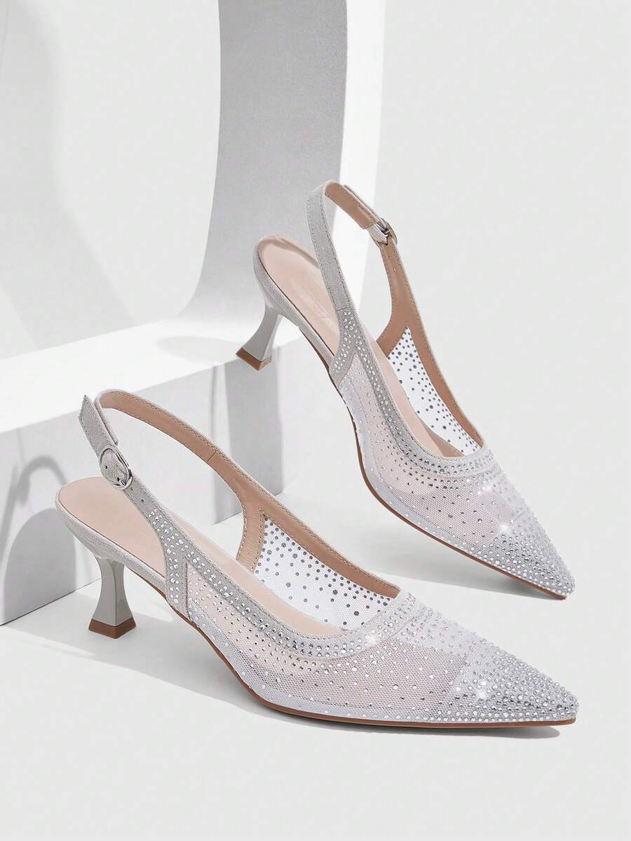 CUCCOO SZL Women's Fashion Pointed Mesh Stitching Rhinestone Summer Fashion Party Party Spread Kitten Heel Empty Kitten Heel High Heels Shoes - Grey - View 1