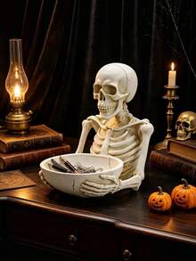 Vintage Distressed Skull Skeleton Resin Storage Box, 21*17cm Large Capacity Halloween Candy Container, Desktop Ornament & Window Display Decor, Pure European American Gothic Dark Style For Halloween Party - A - View 7