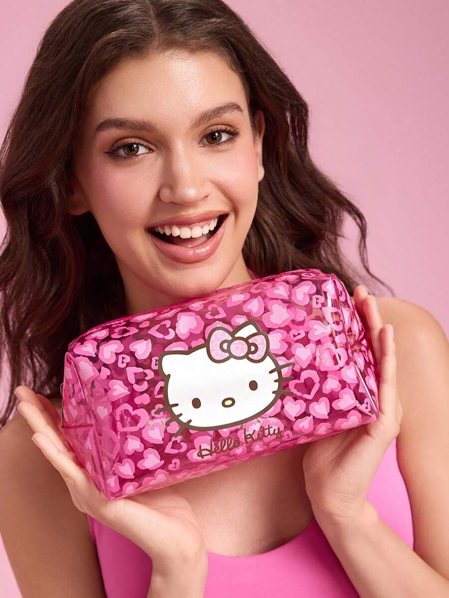 HELLO KITTY AND FRIENDS | SHEIN Transparent PVC Cosmetic Bag With Printed Waterproof Zipper, Multi-Functional Travel Wash Bag & Makeup Organizer Pouch, Ideal For Daily Toiletries, Stationery And Small Sundries Storage - Pink - View 1