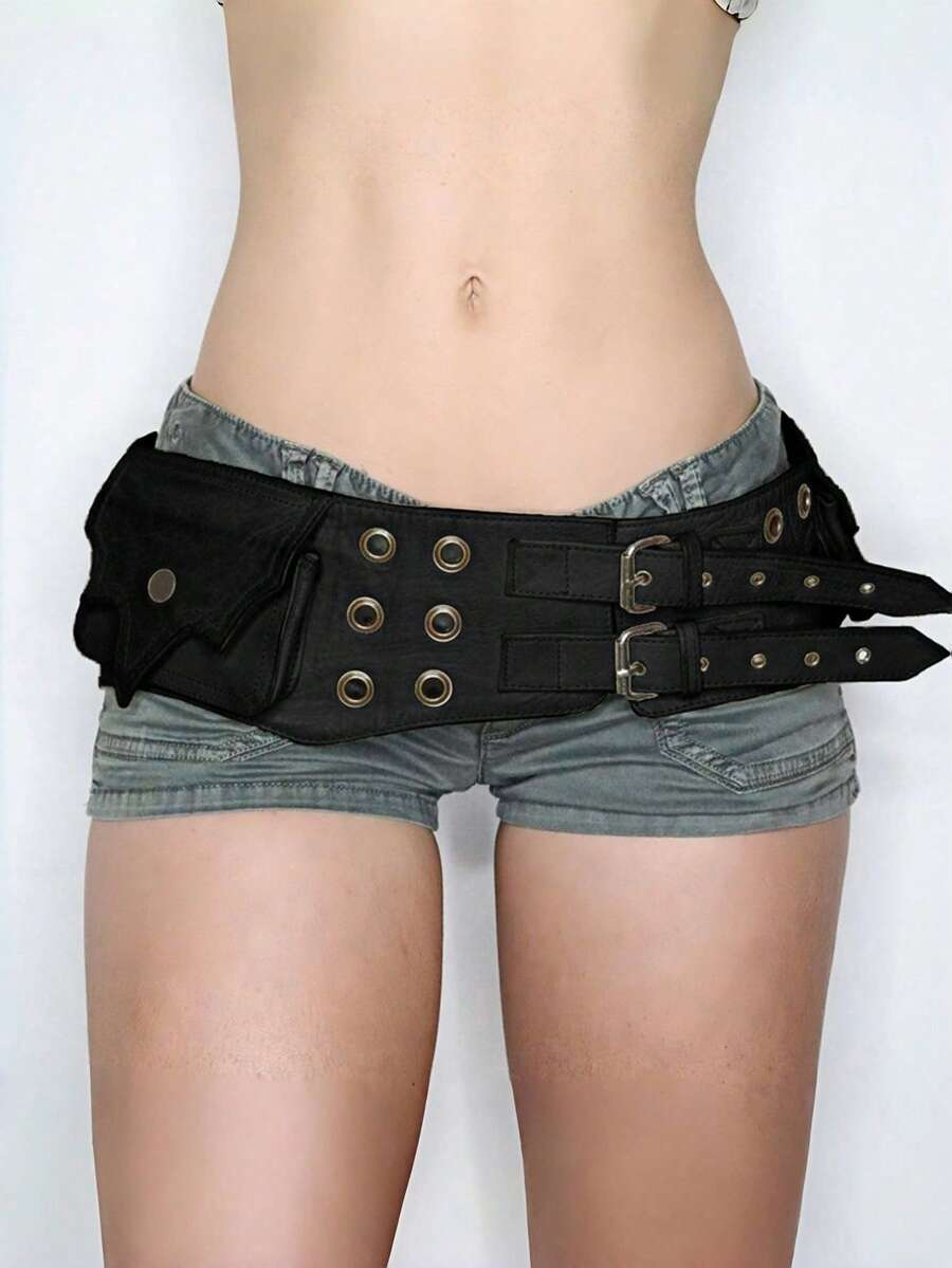 ROMWE Grunge Punk Y2K Punk Style Black Metal Rivet Eye Multi-Pocket Adjustable Metal Buckle Fanny Pack For Women - Black - View 1