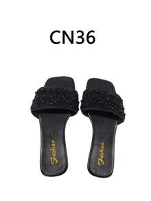 Flat Sliding Sandals For Plus Size Women, Casual Beach Multi-Use, Decorated With Rhinestones, Easy To Wear - Black - View 9