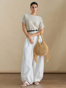 Wovira 1 Piece Retro Tassel Hand-Woven Tote Bag, Urban Fashion Old Money Wind Hollow Cotton Rope Mesh Bag, Shoulder Bag, Large Capacity Suitable For Daily - coffee color - View 9