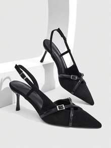 CUCCOO SZL Black Suede Splicing Glossy Multi-Buckle Cross-Strap Back Empty Stilettos, Women's Pointed Party High Heels, Slingbacks - Black - View 2