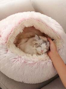 PETSIN 1件裝毛絨圓形寵物床，蓬鬆柔軟貓床，甜甜圈寵物墊，冬季2合1貓床，保暖睡袋沙發墊 - 粉色 - 查看 12