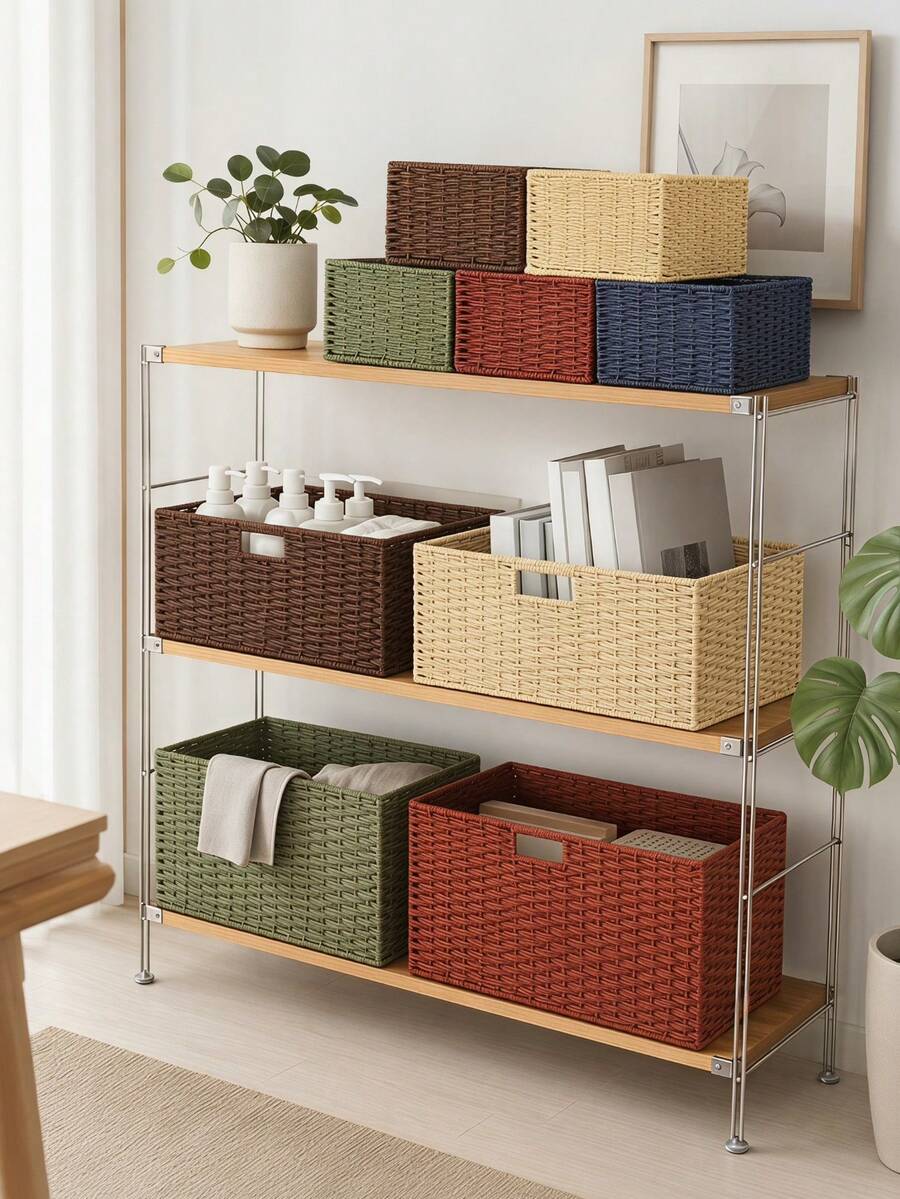 Haus Hana 1Set Boho Rattan Desktop Storage Basket Set Of 3, Handwoven Wabi-Sabi Vanity Organizer, Oriental Zen Style Cotton Rope Basket For Desk, Office, Shelf, Small Items Storage - View 1