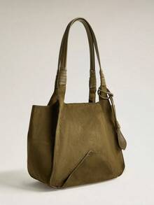 Wovira Women's Tote Bag, Splicing Bag, Velvet Fabric, Geometric Splicing Design, Retro Style, Old Money Style, Large Capacity, Suitable For Daily Commuting - brown green - View 3