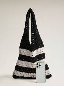 Wovira Women's Shoulder Bag, Multi-Handmade Crochet Bag, Retro Striped Design, Holiday Simple Hollow Women's Portable Shoulder Bag, Large Capacity, Commuting - Black and White - View 3
