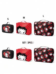 Betty Boop x SHEIN 紅黑心形波點旅行收納袋，S/M/L 尺寸，拉鍊開合，行李整理收納包，適合旅行與商務出差分類衣物 - 黑紅白 - 查看 11