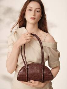 MOTF WOMEN'S FASHION RETRO BROWN CROCODILE PATTERN SHOULDER BAG, SIMPLE AND CHIC HALF-MOON BAG, FOR DAILY, COMMUTING, SHOPPING, TRAVEL, FESTIVALS - Coffee - View 3