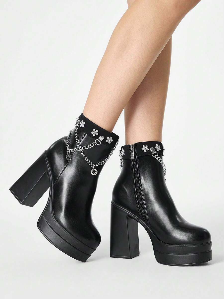 ROMWE Women's Autumn/Winter Punk-Style Retro Chunky Heel Platform Ankle Boots, Gothic Solid Color Leather Side Zip Closure With Metal Buckle Strap. - Black - View 1