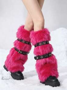 ROMWE Goth 1對 Fluffy Babes 可愛甜美酷感時尚加厚腿套，附2個腿環，辣妹組合套裝，保暖女士腿套 - 玫紅色 - 查看 4