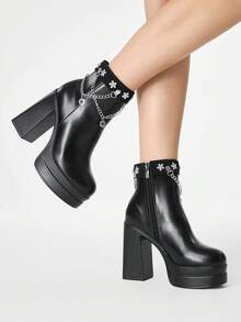 ROMWE Women's Autumn/Winter Punk-Style Retro Chunky Heel Platform Ankle Boots, Gothic Solid Color Leather Side Zip Closure With Metal Buckle Strap. - Black - View 4