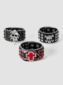 MortiRose 1 Piece Rivet Skull Wide Leather Bracelet, Halloween, Halloween Accessories/Gothic/Dark/Black - Multicolor - View 8