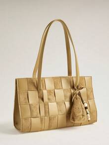 Wovira Women's Tote Bag, Hand-Woven, Velvet Fabric, Woven Bag, Retro Style, Old Money Style, Large Capacity, Suitable For Daily Commuting And Shopping - Apricot - View 8