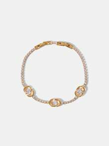 PRE GOLD ELEGANT SIMPLE SLIGHTLY INLAID WHITE STONE BRACELET - Yellow Gold - View 1