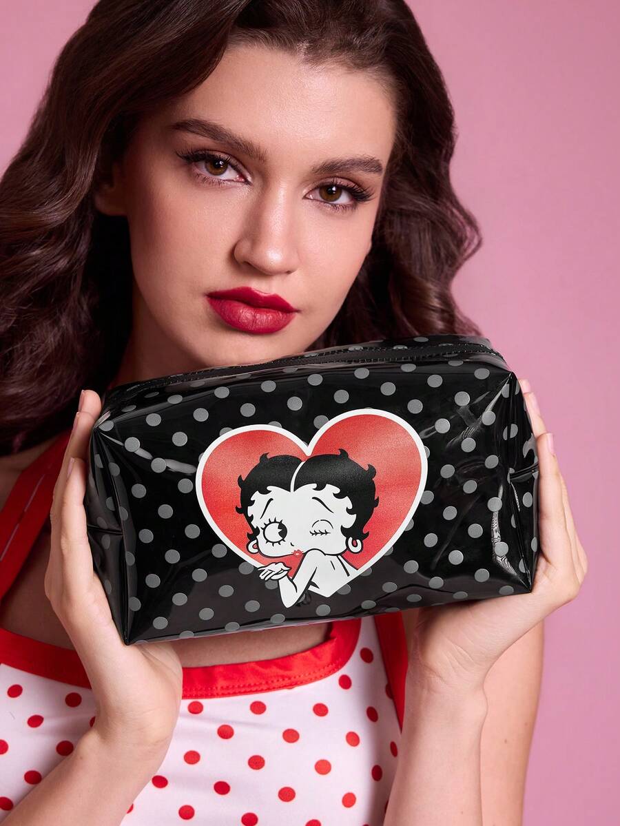 Betty Boop x SHEIN 透明 PVC 化妝包,附印花防水拉鍊,多功能旅行盥洗包與化妝收納袋,適合日常盥洗用品、文具及小雜物收納 - 彩色 - 查看 1