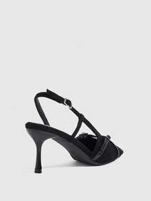 CUCCOO SZL Black Suede Splicing Glossy Multi-Buckle Cross-Strap Back Empty Stilettos, Women's Pointed Party High Heels, Slingbacks - Black - View 9