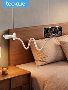Flexible Phone Clip Holder, Adjustable Long Arm Lazy Cell Phone Stand Clamp Mount, Minimalist White Desk Bedside Smartphone Bracket For Watching Movies Reading - White - View 1
