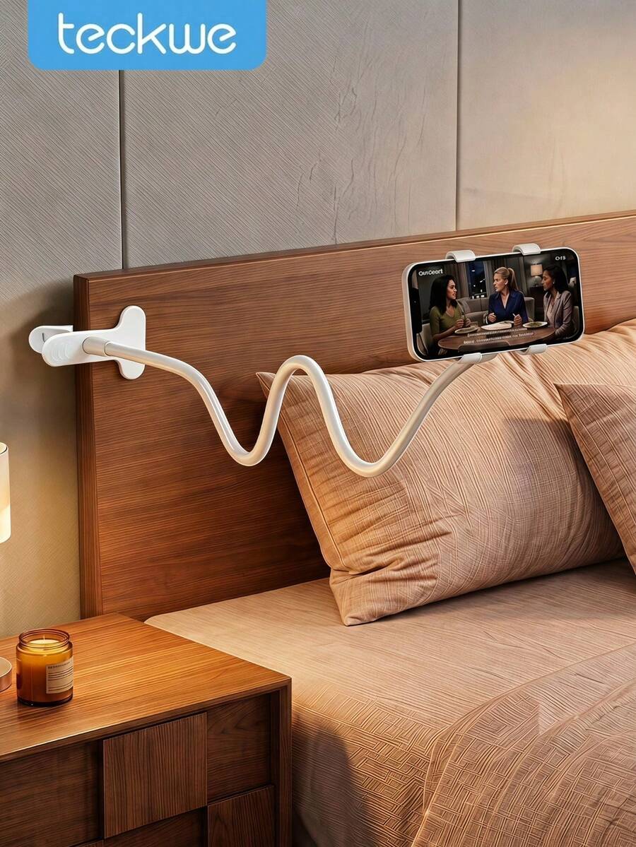 Flexible Phone Clip Holder, Adjustable Long Arm Lazy Cell Phone Stand Clamp Mount, Minimalist White Desk Bedside Smartphone Bracket For Watching Movies Reading - White - View 1