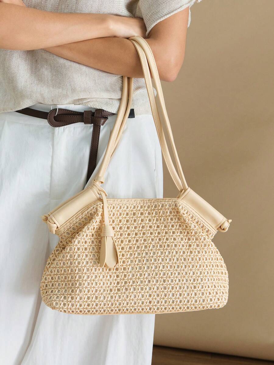 Wovira Ladies Tote Bag, Hand-Woven, Woven Bag, Retro Style, Old Money Style, Large Capacity, Suitable For Daily Commuting And Shopping - Apricot - View 1