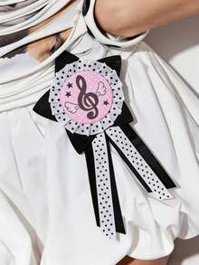ROMWE Kawaii Black Star Brooch, Note Badge Decoration, Millennium Spice Girls Wind Five-Pointed Star Splicing Polka Dot Ribbon, Bag Pendant, Clothing Matching - Black and White - View 2