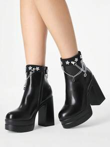 ROMWE Women's Autumn/Winter Punk-Style Retro Chunky Heel Platform Ankle Boots, Gothic Solid Color Leather Side Zip Closure With Metal Buckle Strap. - Black - View 3
