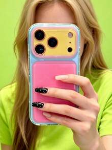 ShellaStory بطانية هاتف أبل 17 Pro Max و16 Pro و15 Pro و14 و13 للنساء بتصميم كوري بسيط Y2K مع كتل لونية ورقعة نافذة كبيرة، بطانية حماية إبداعي مقاوم للصدمات فاخر ومميز - أصفر وردي - مشاهدة 2